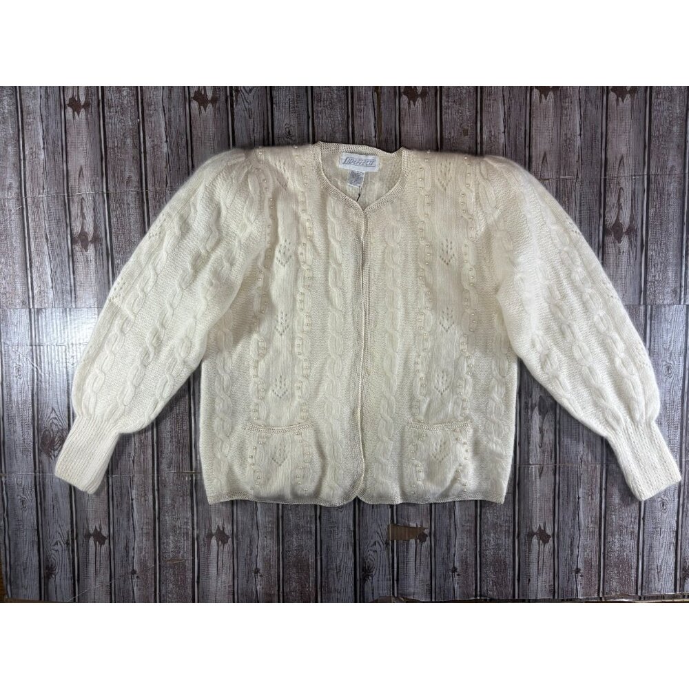 SIDEFFECTS Angora Lambswool Puff Sleeve Cardigan Sweater Sz M Ivory NWT VGT 80's